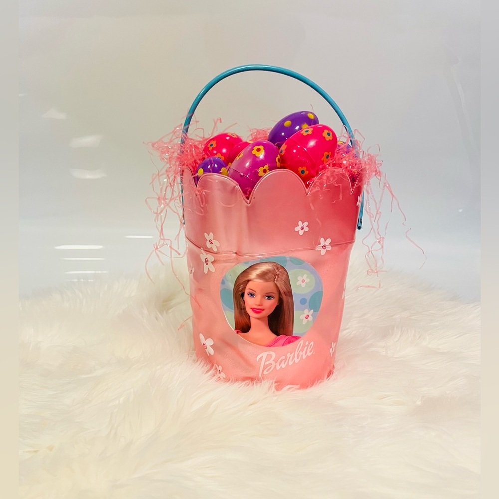 Vintage 2004 Barbie Pink Easter Basket with Handle & Barbie Portrait
